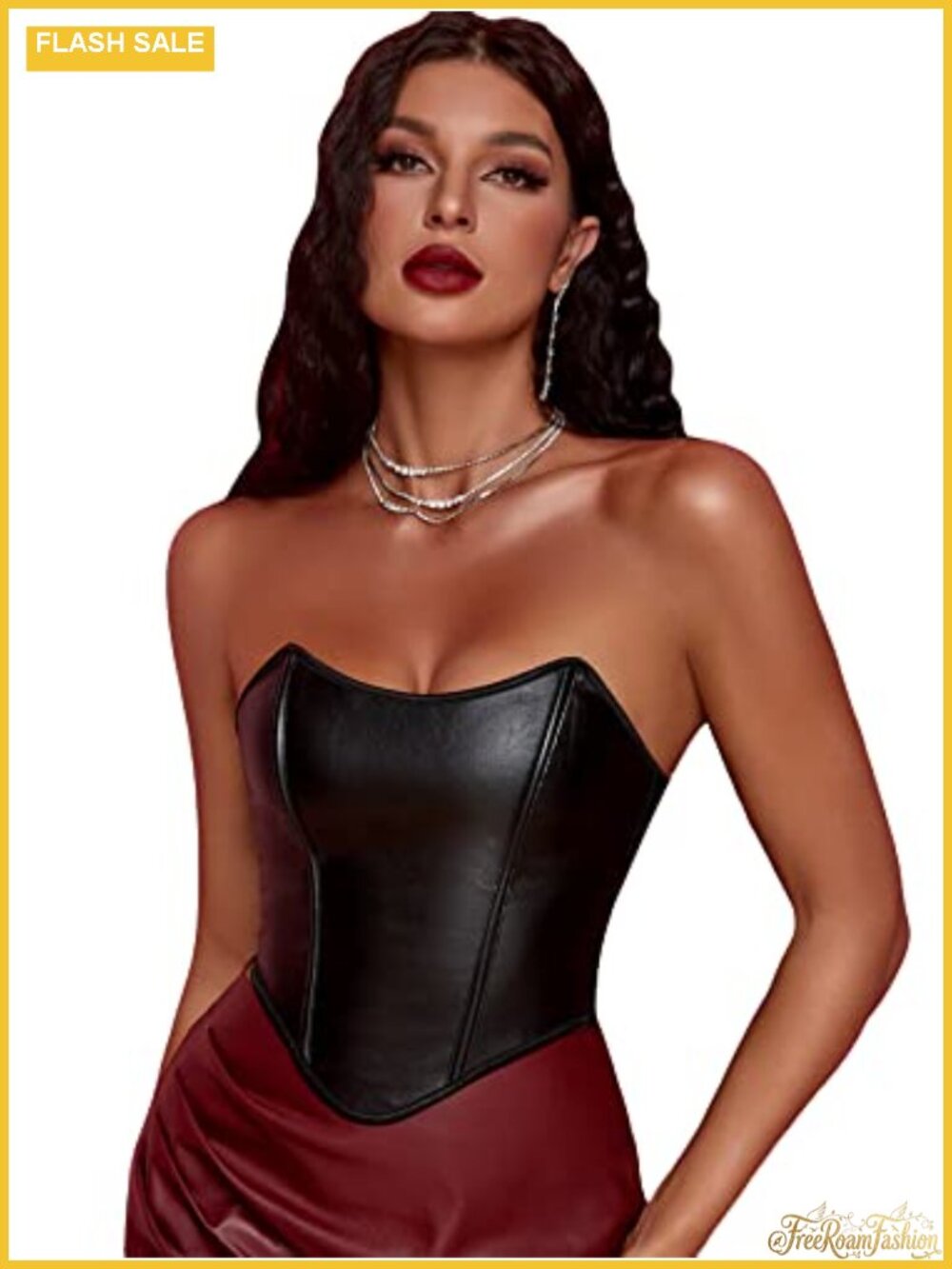 PU Leather Strapless Lace Up Overbust Corset Top Bustier